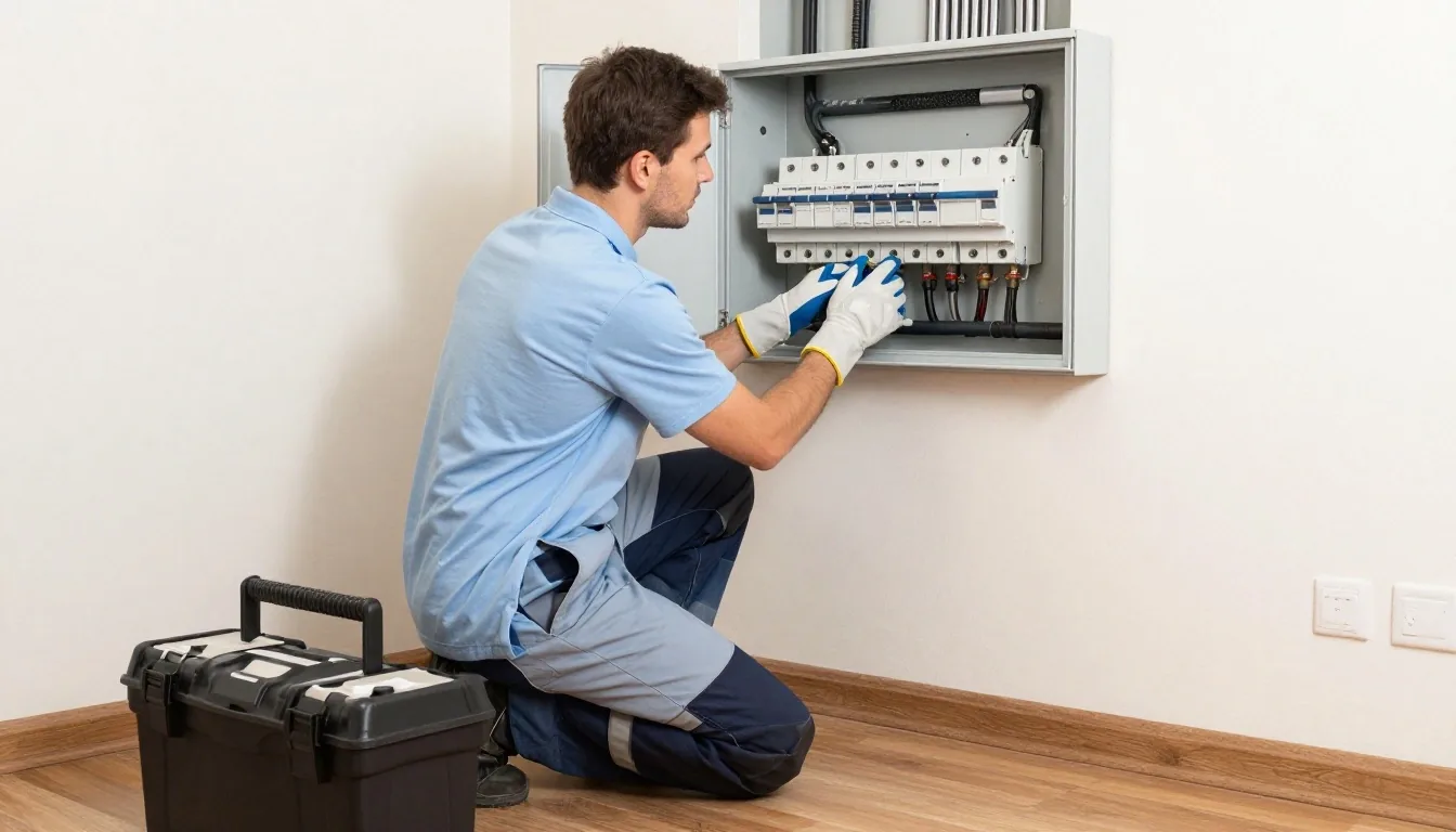 Técnico con guantes dieléctricos y detector de tensión en tablero