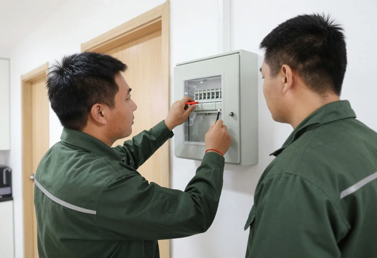 Técnicos matriculados revisando un tablero domiciliario